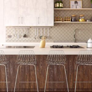 Chic minimalist kitchen design featuring wooden accents and modern bar stools.